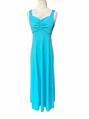 Late 60s/Early 70s Poly Turquoise Blue‎ Thick Tank Style Straps Maxi Dress